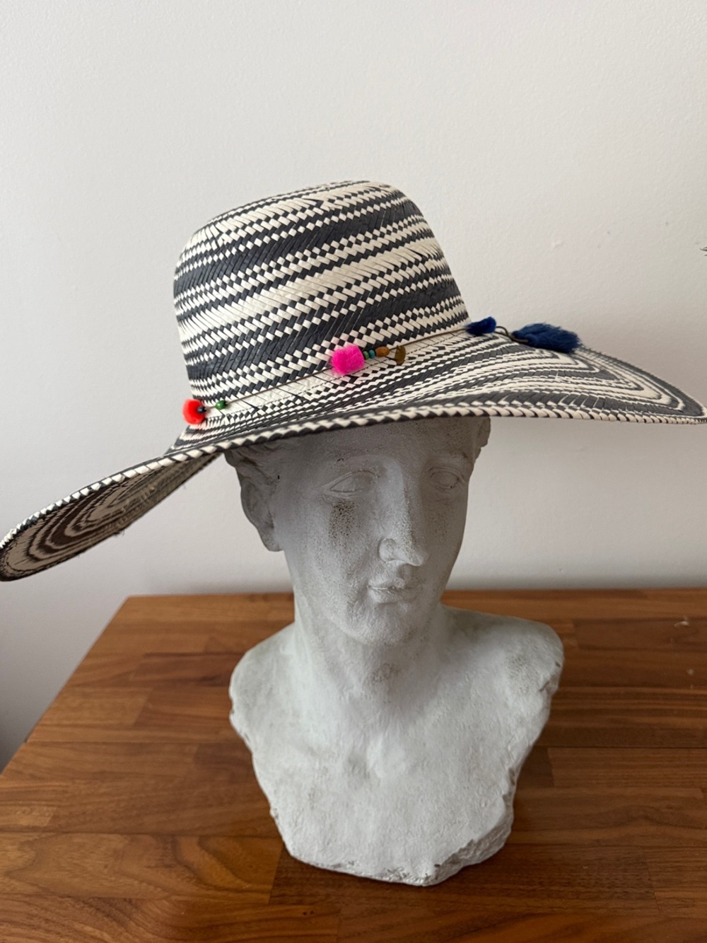 Hat Attack Black & White Straw Sun Hat with Bright Pom Accent